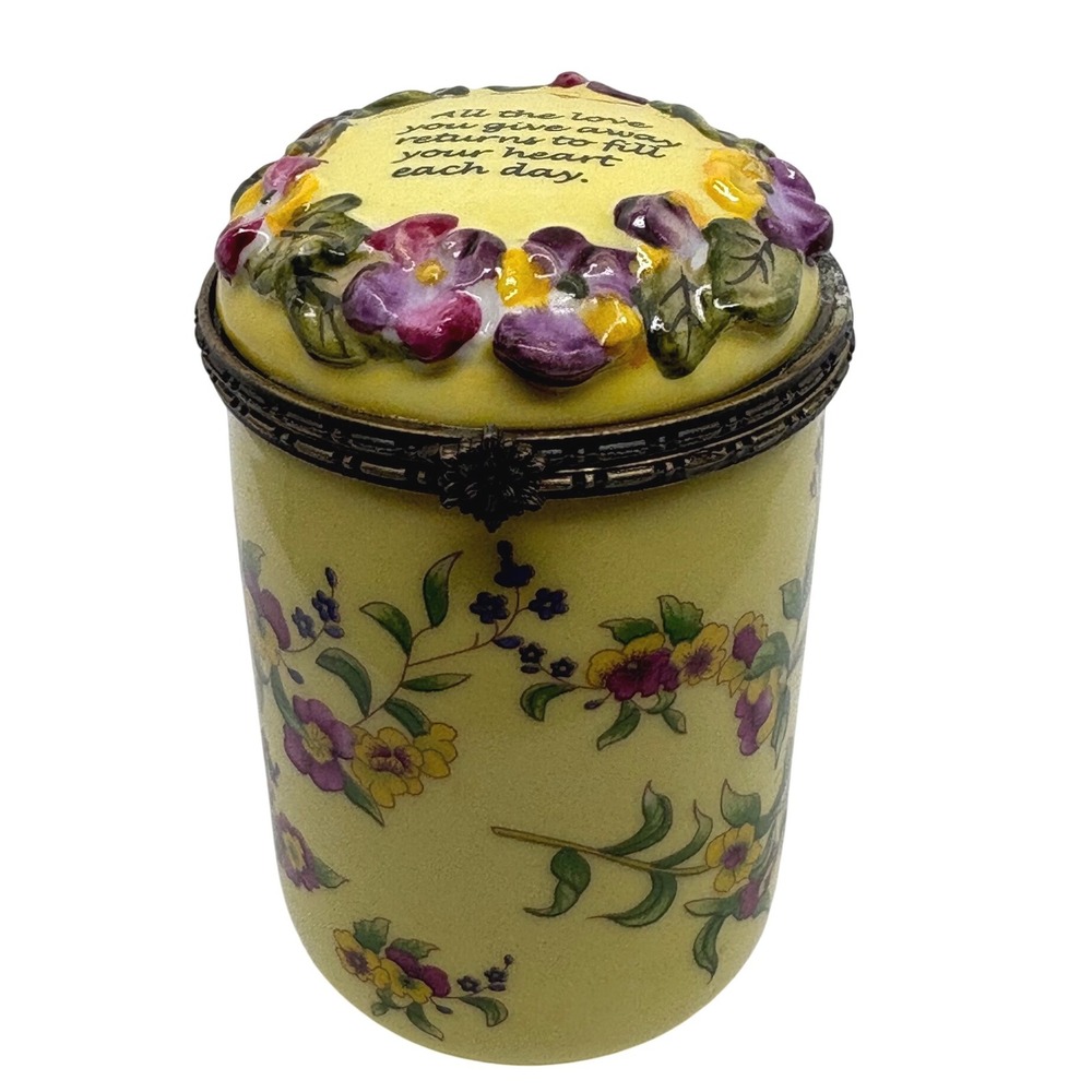 Bombay Co Yellow Floral Porcelain Hinged Lid Trinket Box Candle Quote BFF Love